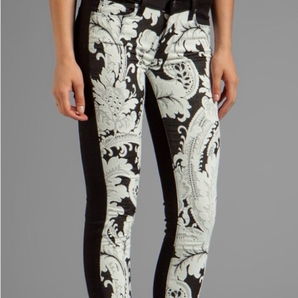 Paige Emily Needlepoint Print Black Skinny Jeans with White Lace, 26